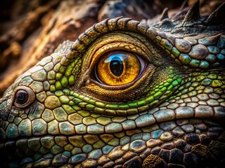 Fototapeta premium Close-Up of a Large Reptilian Eye with Dark Scaly Eyelid Peering Through a Crack in the Ground, Showcasing Intricate Textures and Mysterious Depths of Nature