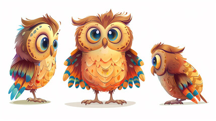 Fototapeta premium Adorable Cartoon Owls with Vibrant Feathers and Expressive Eyes