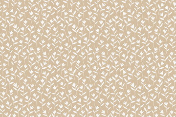 Seamless vintage floral pattern. Beige gray background, white tulip flowers, white leaves. Vector print with a liberty motif. Trendy design for surface. Retro style. Vector template. Stock pattern © ann_and_pen