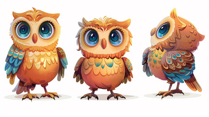 Fototapeta premium Adorable Cartoon Owls with Vibrant Feathers and Expressive Eyes