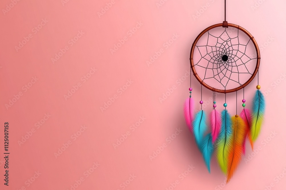 Poster A flat vector of a dreamcatcher with clean geometric shapes and soft gradients, symbolizing tranquility and peace