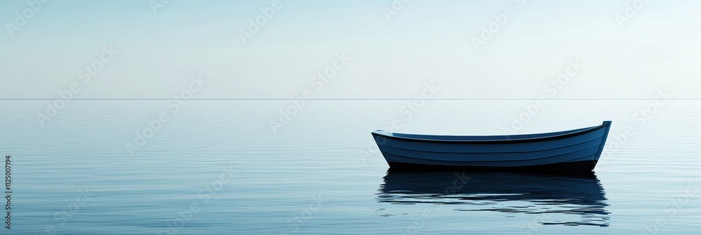 Poster a lone boat floats peacefully on calm waters, surrounded by vast emptiness and soft light, offering 