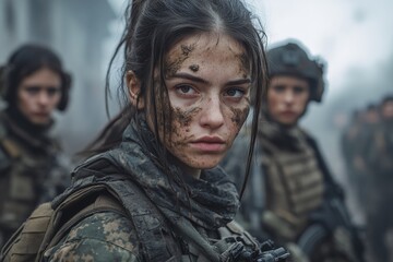 Fototapeta premium Determined female soldier in camouflage amidst battlefield tension