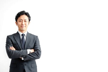 自信のある表情で腕組みをする日本人の男性ビジネスマン
