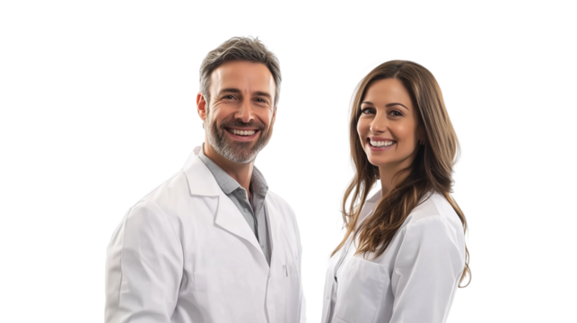 Confident doctor team stand,medical group,wearing white coats and smiling,PNG,clipart,transparent.