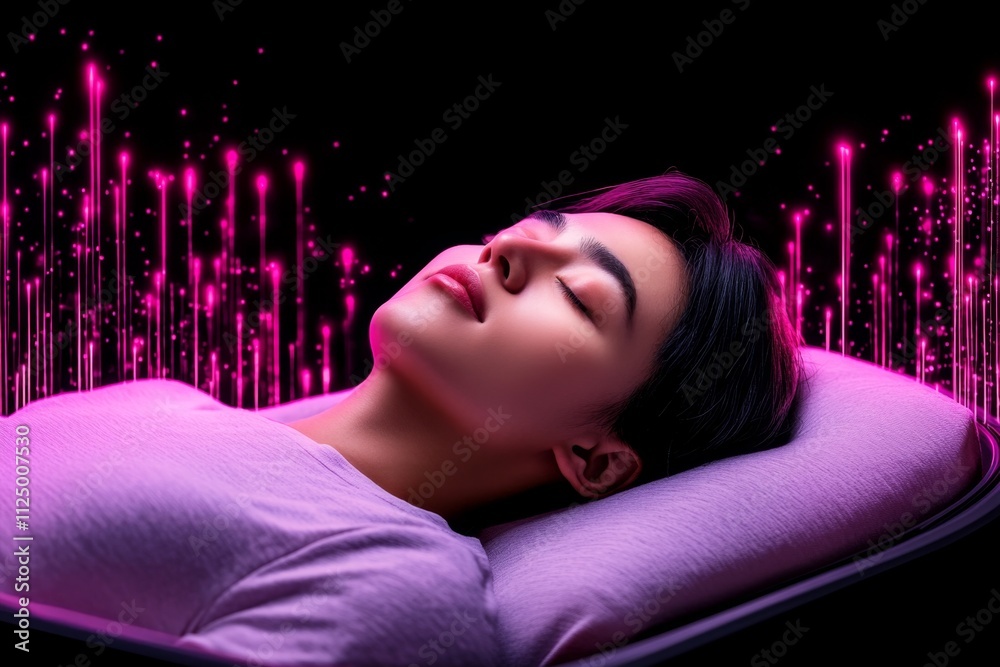 Poster a futuristic depiction of a person dreaming in a high-tech sleep pod, surrounded by glowing holograp