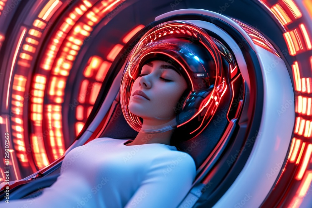 Poster A futuristic depiction of a person dreaming in a high-tech sleep pod, surrounded by glowing holographic dream visuals and floating data streams
