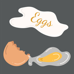 Cracked brown eggshell with a raw liquid egg inside on dark background. Hand drawn vector illustration in flat style. Cooking process, egg design. Bakery ingredient
