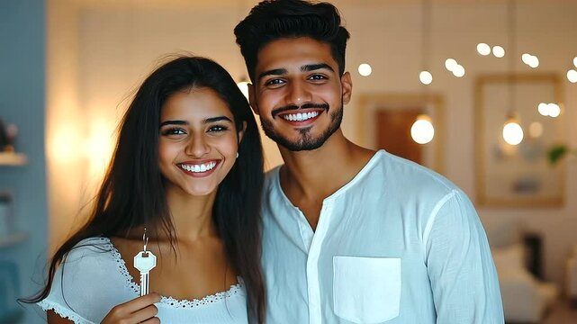 A proud young Indian couple holding keys and laughing together in their modern living room, surrounded by unpacked belongings