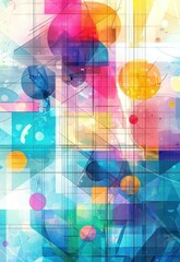 Obraz premium A colorful abstract geometric background with intersecting lines, circles, and squares, creating a futuristic vibe.