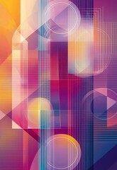 A colorful abstract geometric background with intersecting lines, circles, and squares, creating a futuristic vibe.
