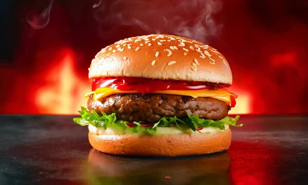 A delicious, steaming cheeseburger topped with lettuce, tomato, and cheese, set against a warm, smoky fire flames background.