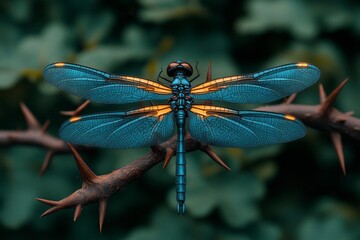 A gothic portrayal of a dragonfly with dark, metallic wings, resting on a thorny branch surrounded by a shadowy forest