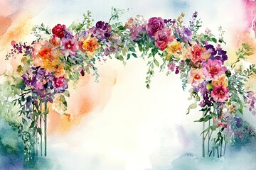 floral wedding arch illustrated in vibrant watercolor strokes with soft blending