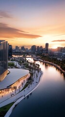 Fototapeta premium Retro-style urban riverfront with sleek civil structures and inviting open spaces for public leisure