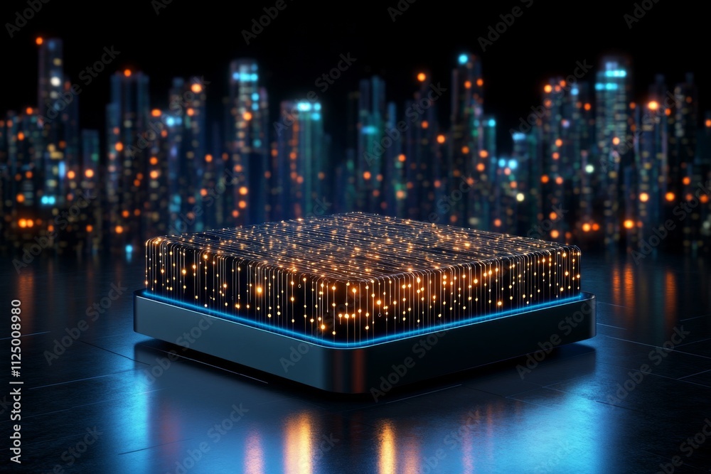 Poster a high-tech holographic document floating above a futuristic desk, with glowing data and touchable e