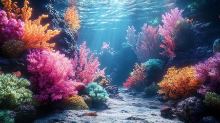 Naklejka premium Vibrant Coral Reef Underwater Scene With Sunbeams