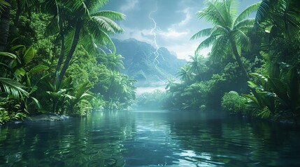 Fototapeta premium A tranquil river winding through the heart of a dense tropical jungle, with vibrant greenery reflected in its calm waters vector art illustraion generative AI.