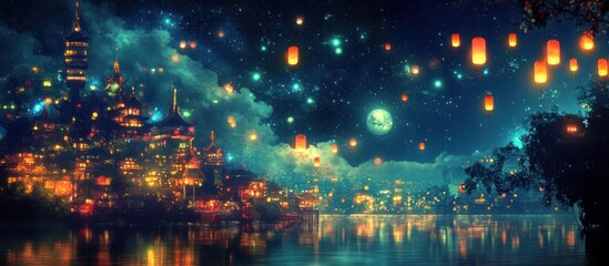 Fototapeta premium Magical night scene of a city by the lake with floating lanterns and a full moon.