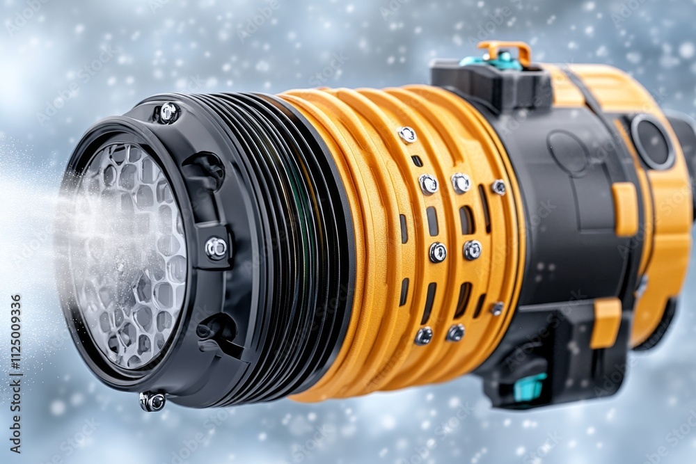 Poster A hyper-realistic close-up of an air compressor in action, showing tiny dust particles being blown away and reflections on its polished surface