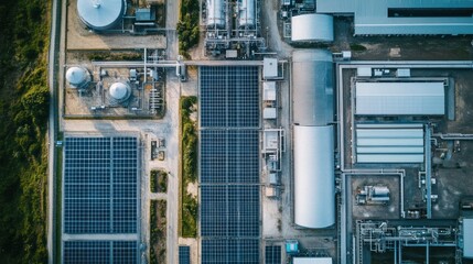 Aerial view of industrial complex with solar panels and infrastructure.