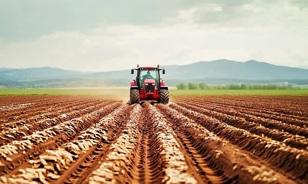 A red tractor plows a wide, barren field under a cloudy sky, with rolling hills in the background, symbolizing agricultural productivity.