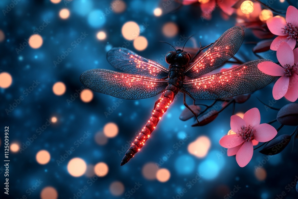Poster a magical depiction of a glowing dragonfly in an enchanted forest, with sparkling trails of light an