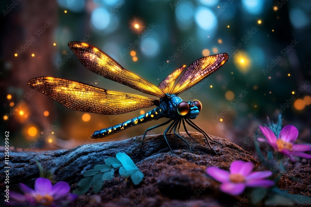 Poster a magical depiction of a glowing dragonfly in an enchanted forest, with sparkling trails of light an