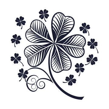 recommend clip art: Lucky Clover Cluster Four-Leaf Clover Silhouette with Decorative Botanical Arrangement