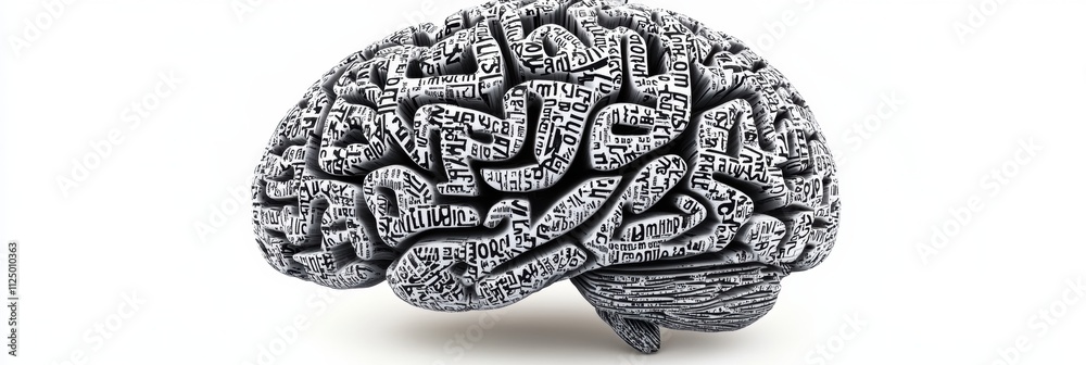 Poster this artwork features a human brain uniquely constructed from various words and phrases, emphasizing