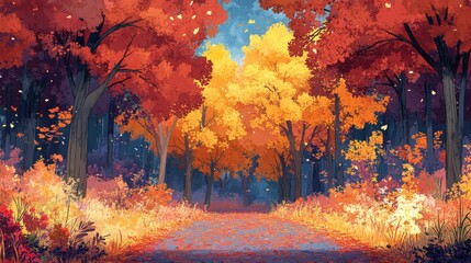 Autumn Forest Path Vibrant Colors Golden Yellow Red Leaves