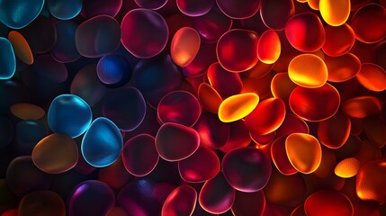 Blood cells glow like neon glass, their intricate surfaces shimmering and pulsing with vibrant colors under the biological microscope.