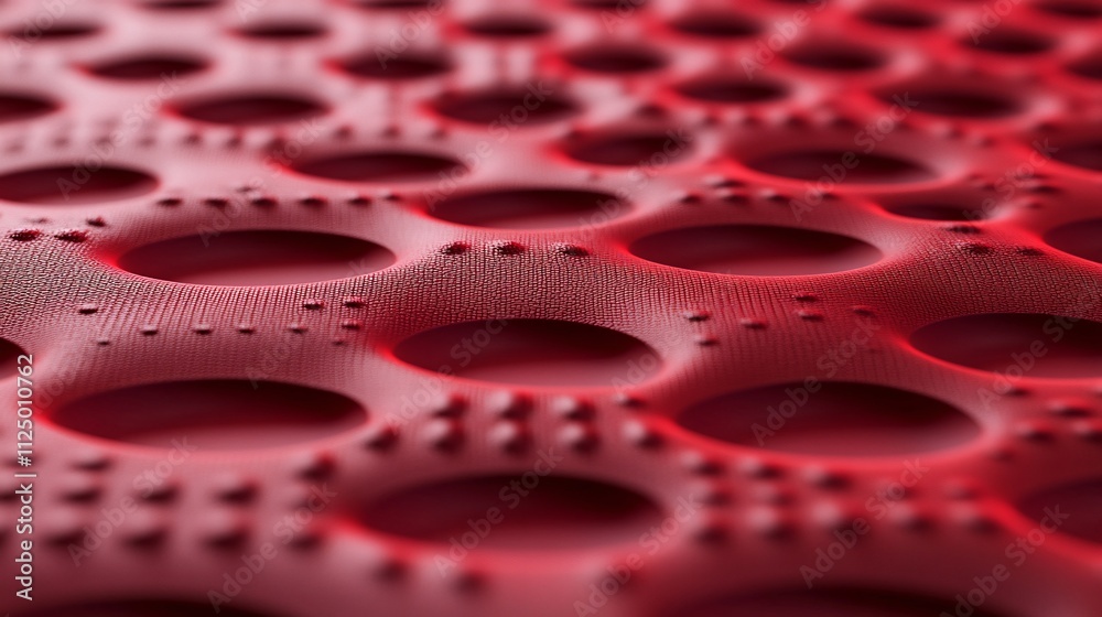 Poster red porous material surface with circular holes and bumps