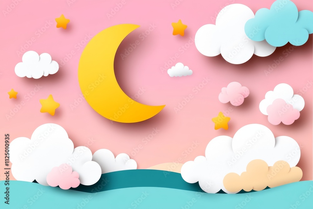 Poster a minimalist flat design of a crescent moon and stars, surrounded by soft pastel clouds symbolizing 