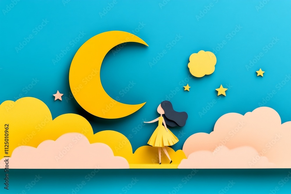 Poster a minimalist flat design of a crescent moon and stars, surrounded by soft pastel clouds symbolizing 