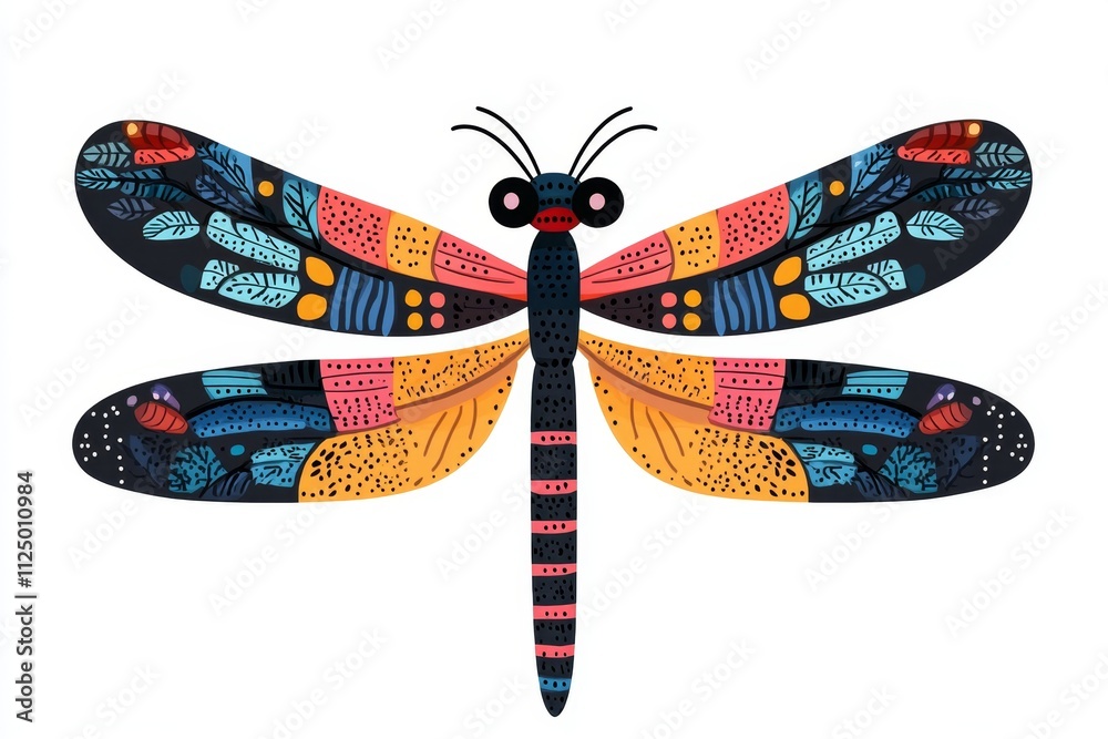 Poster a minimalist flat design of a dragonfly in flight, illustrated with clean lines and pastel gradients
