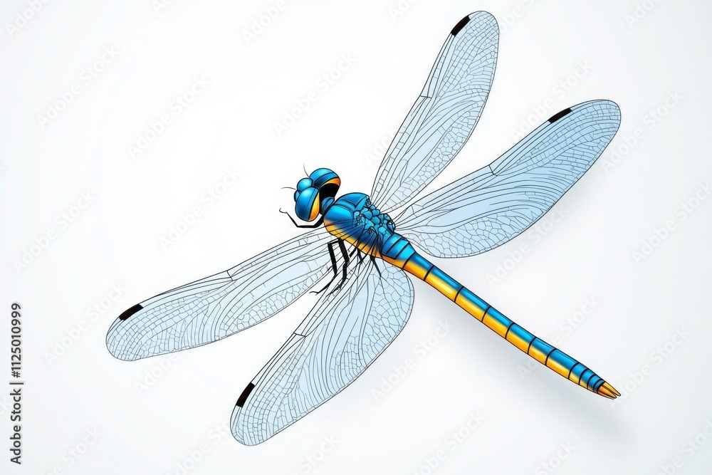 Poster a minimalist flat design of a dragonfly in flight, illustrated with clean lines and pastel gradients