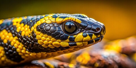 Obraz premium Close-up of a Striking Yellow and Black Object Captured in a Panoramic View, Highlighting Intricate Details and Textures Against a Softly Blurred Background