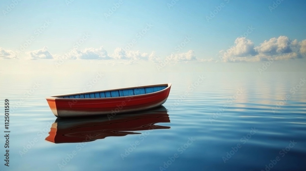 Aufkleber A lone boat floats peacefully on smooth water under a clear blue sky, providing a perfect blank canvas for your message or content. Generative AI
