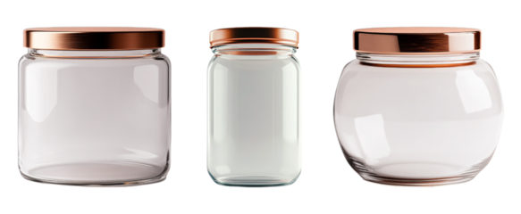 Empty glass jars with different shapes with gold lids isolated on transparent background