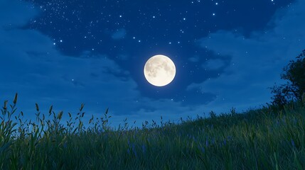 Serene Night Scene with Tall Grasses Under a Full Moon and Starry Sky