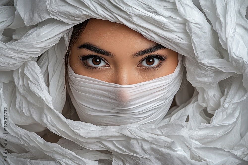 Poster A moody portrait of a woman with her face wrapped in tissue, creating a conceptual look with soft, diffused lighting and an abstract visual theme