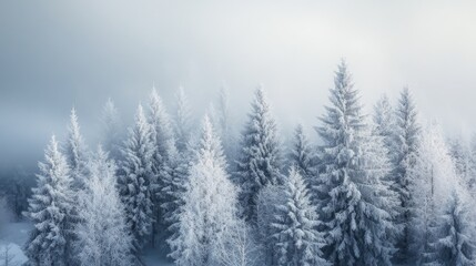 Frosty Winter Trees in a Misty Forest Scene