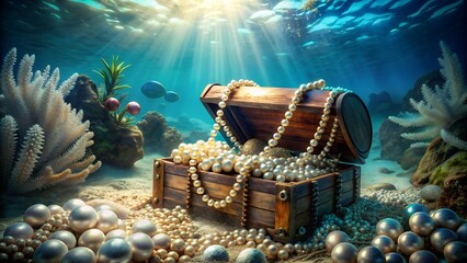 Sunken treasure chest filled with pearls on ocean floor