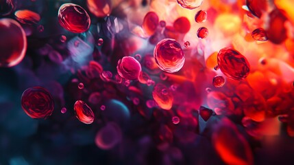 Microscopic blood cells that glow with radiant light, constantly shifting between geometric shapes, their intricate details highlighted under the microscope.