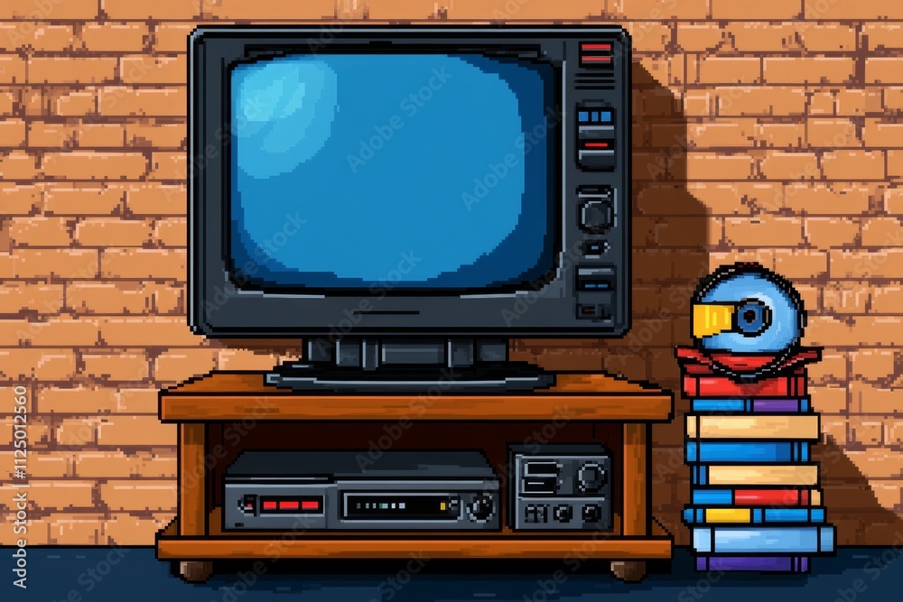 Poster a pixel art depiction of a dvd player on a retro-style tv stand, with an animated disc spinning insi