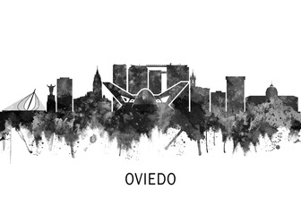 Obraz premium Oviedo Spain Skyline BW, abstract painting travel illustration urban art modern downtown landmarks skyscrapers colorful artwork architecture