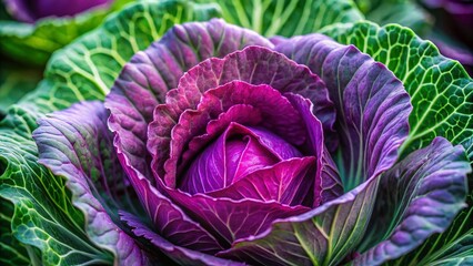 Obraz premium Close-up of a Vibrant Purple Cabbage Surrounded by Lush Green Leaves in a Beautifully Composed Rule of Thirds Arrangement for Fresh Produce and Organic Food Imagery