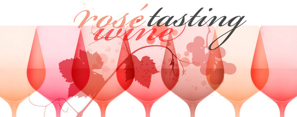 Background elegant illustrations of colorful glasses of rose wine. Mixed with silhouette of vine leaves and bunch of grapes. Vector drawing