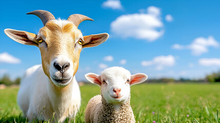 Obraz premium Two animals, a goat and a lamb, standing together in a sunny green field under a blue sky with fluffy clouds.